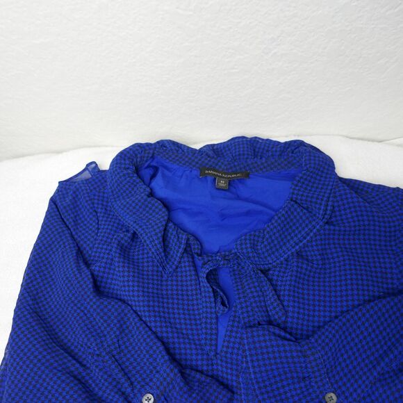 Banana Republic Fit Flare Dress Blue Houndstooth Short Sleeve Ruffle Tie Medium - Picture 2 of 7